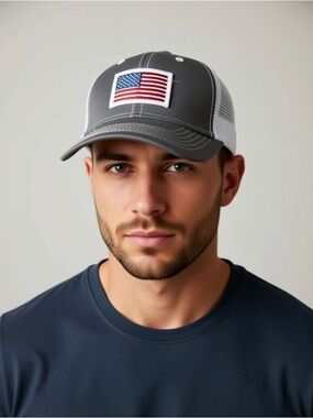 Source Unknown Gray and White Trucker Hat with American Flag Patch